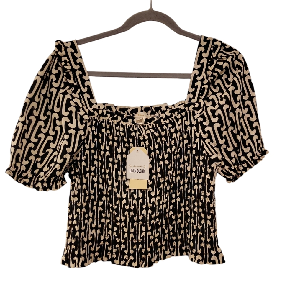 Monteau Los Angeles, NWT, Linen Blend Crop Top, Puff Sleeves, Women's sz XL, Squ